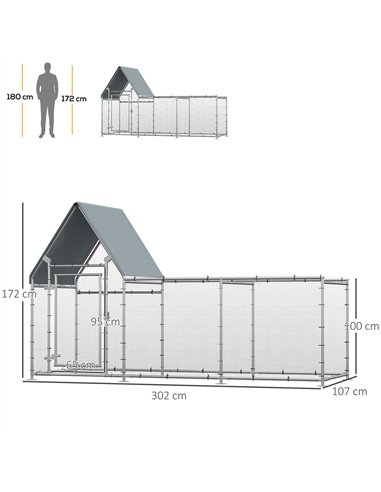 PawHut Walk In Chicken Run Chicken Coop, Large Poultry Cage Hen House for 6-8 Chickens Outdoor w/ Water-Resist Cover 302 x 107 x