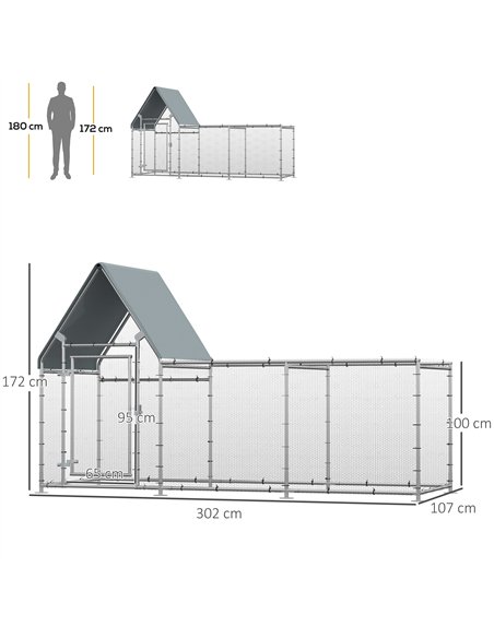 PawHut Walk In Chicken Run Chicken Coop, Large Poultry Cage Hen House for 6-8 Chickens Outdoor w/ Water-Resist Cover 302 x 107 x - pic 157355 | FastDaddyshop