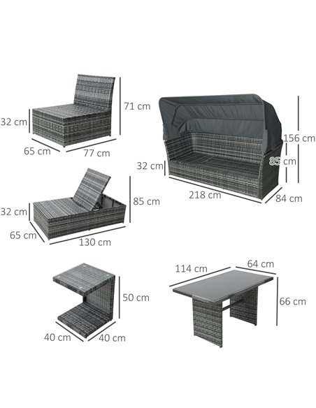 Outsunny 5-Seater Outdoor Rattan Garden Sofa Sets Reclining Sofa Adjustable Canopy & Side Dining Table Set, Mixed Grey - pic 15742 | FastDaddyshop
