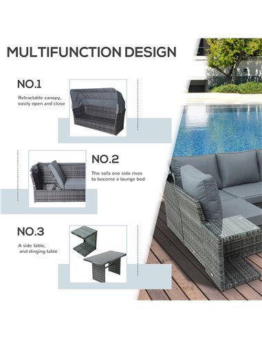 Outsunny 5-Seater Outdoor Rattan Garden Sofa Sets Reclining Sofa Adjustable Canopy & Side Dining Table Set, Mixed Grey