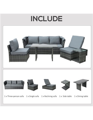 Outsunny 5-Seater Outdoor Rattan Garden Sofa Sets Reclining Sofa Adjustable Canopy & Side Dining Table Set, Mixed Grey