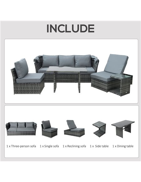 Outsunny 5-Seater Outdoor Rattan Garden Sofa Sets Reclining Sofa Adjustable Canopy & Side Dining Table Set, Mixed Grey - pic 15746 | FastDaddyshop