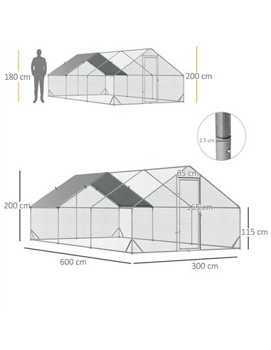 PawHut Galvanised Walk In Chicken Run w/ Cover 6 x 3 x 2m Silver
