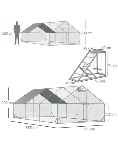 PawHut Walk-in Galvanised Steel Chicken Run with Chicken Activity Shelf and Cover, 3 x 6 x 2m
