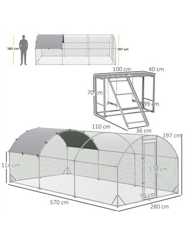 PawHut Walk In Chicken Run with Chicken Activity Shelf and Cover, 2.8 x 5.7 x 2m