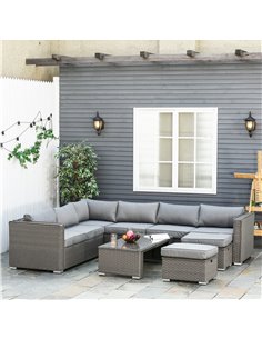 Outsunny 8-Seater PE Rattan Wicker Corner Sofa Set with Coffee Table, Footstool, Cushion, Grey 2