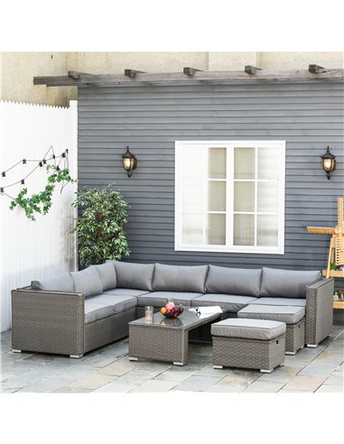 Outsunny 8-Seater PE Rattan Wicker Corner Sofa Set with Coffee Table, Footstool, Cushion, Grey