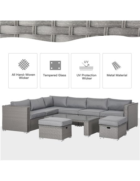 Outsunny 8-Seater PE Rattan Garden Corner Sofa Set Outdoor Wicker Conservatory Furniture Coffee Table Footstool, Grey - pic 15759 | FastDaddyshop
