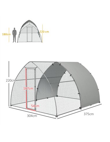 PawHut Galvanised Outdoor Chicken Coop, with Cover, for 8-12 Chickens, Hens, Ducks, Rabbits, 3 x 3.8 x 2.2m - Silver Tone