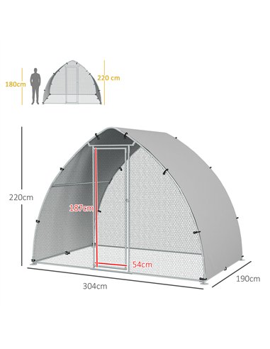 PawHut Galvanised Outdoor Chicken Coop with Cover, for 4-6 Chickens, Hens, Ducks, Rabbits, 3 x 1.9 x 2.2m - Silver Tone