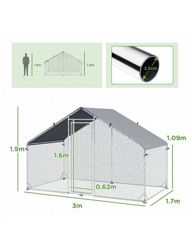 PawHut Galvanised Walk In Chicken Coop Hen House w/ Water-Resist Cover, 3 x 1.7 x 1.9m