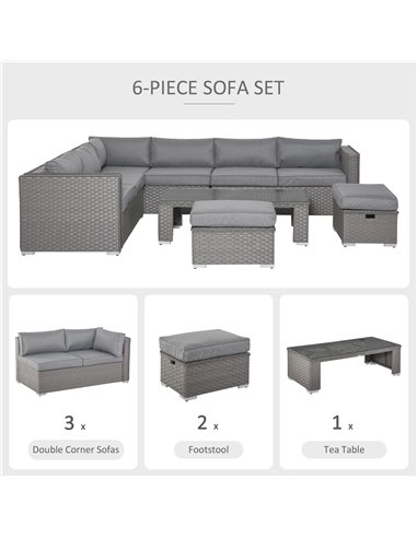 Outsunny 8-Seater PE Rattan Garden Corner Sofa Set Outdoor Wicker Conservatory Furniture Coffee Table Footstool, Grey