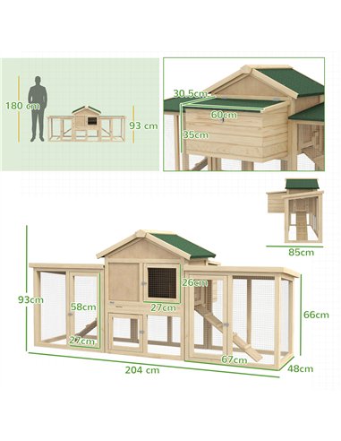 PawHut Large Chicken Coop, Wooden Garden Hen House, Poultry Coops Cages with Run, Nesting Box, Natural Wood Finish