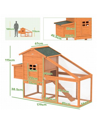 PawHut Wooden Chicken Coop with Run, Nesting Box, Slide-out Tray, Ramp, Perches, Asphalt Roof, 179 x 67 x 115cm