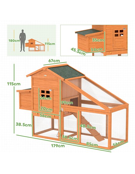 PawHut Wooden Chicken Coop with Run, Nesting Box, Slide-out Tray, Ramp, Perches, Asphalt Roof, 179 x 67 x 115cm - pic 157652 | FastDaddyshop