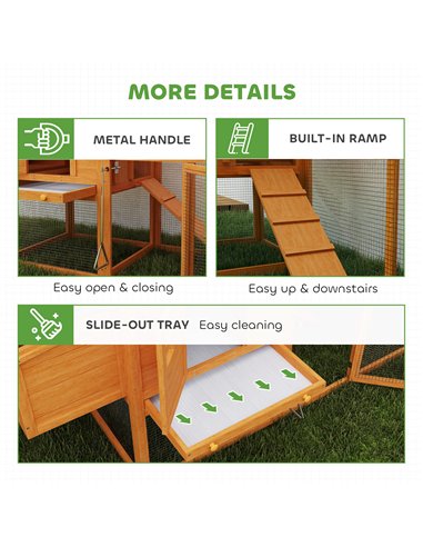 PawHut Wooden Chicken Coop with Run, Nesting Box, Slide-out Tray, Ramp, Perches, Asphalt Roof, 179 x 67 x 115cm