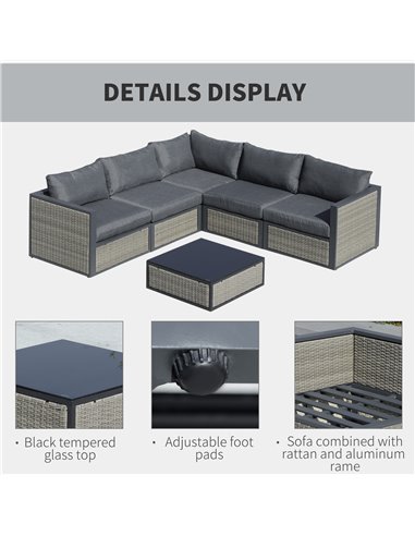 Outsunny 6 Pieces Outdoor PE Rattan Corner Sofa Set with Padded Cushion, Coffee Table, Grey