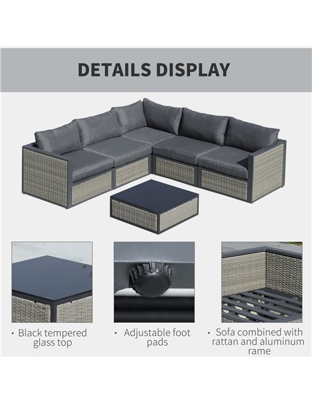 Outsunny 6 Pieces Outdoor PE Rattan Corner Sofa Set with Padded Cushion, Coffee Table, Grey - pic 15767 | FastDaddyshop
