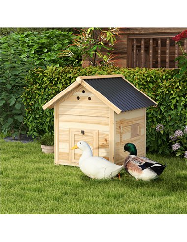 PawHut Wooden Duck House with Double Doors, Openable Roof, Ventilation Holes, Removable Base, Natural Wood Finish
