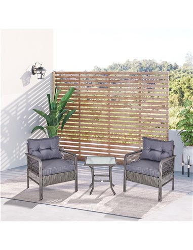 Outsunny 3 Pieces Outdoor PE Rattan Bistro Set with Coffee Table, Armrest Chairs, Cushion, Grey