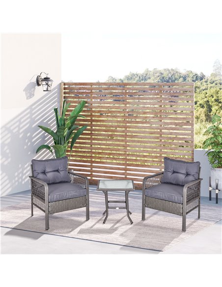 Outsunny 3 Pieces Outdoor PE Rattan Bistro Set with Coffee Table, Armrest Chairs, Cushion, Grey - pic 15773 | FastDaddyshop