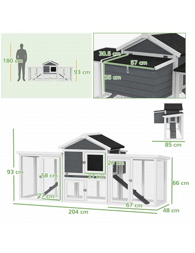 PawHut Large Chicken Coop, Wooden Garden Hen House, Poultry Coops Cages with Run, Nesting Box, Grey
