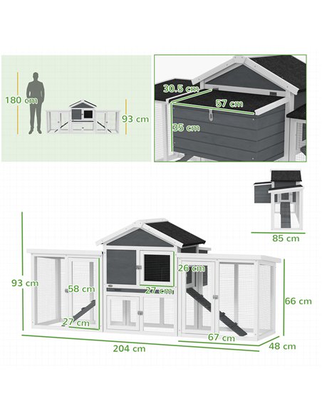 PawHut Large Chicken Coop, Wooden Garden Hen House, Poultry Coops Cages with Run, Nesting Box, Grey - pic 157733 | FastDaddyshop