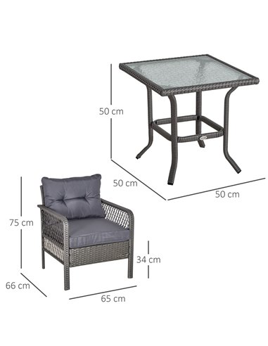 Outsunny 2 Seater Patio PE Rattan Bistro Set, Outdoor Wicker Coffee Table Armrest Chairs Conversation Furniture w/ Cushion, Grey