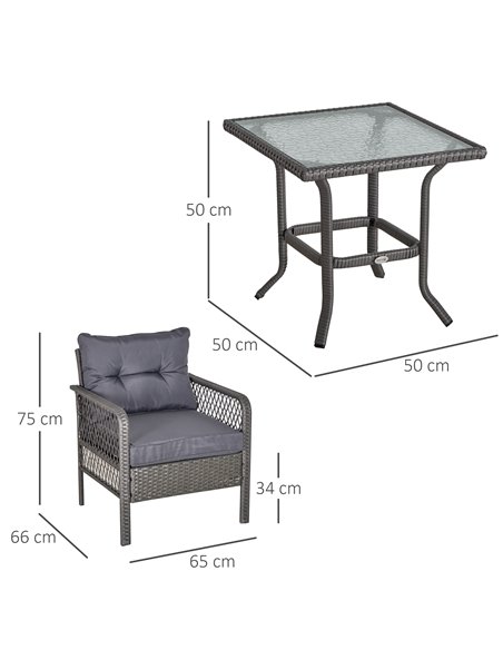Outsunny 2 Seater Patio PE Rattan Bistro Set, Outdoor Wicker Coffee Table Armrest Chairs Conversation Furniture w/ Cushion, Grey - pic 15774 | FastDaddyshop