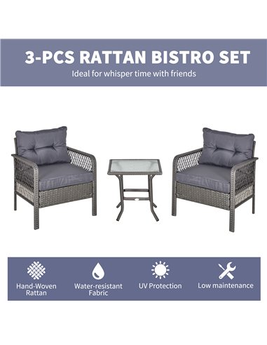 Outsunny 2 Seater Patio PE Rattan Bistro Set, Outdoor Wicker Coffee Table Armrest Chairs Conversation Furniture w/ Cushion, Grey