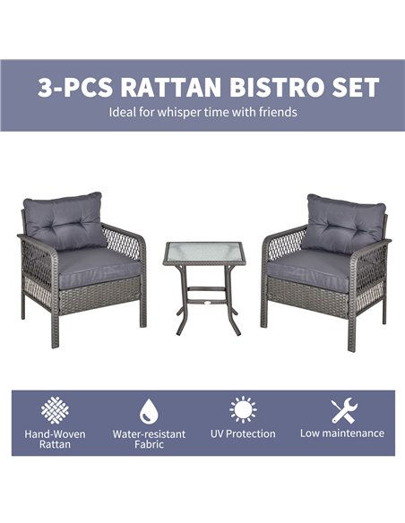 Outsunny 2 Seater Patio PE Rattan Bistro Set, Outdoor Wicker Coffee Table Armrest Chairs Conversation Furniture w/ Cushion, Grey - pic 15775 | FastDaddyshop