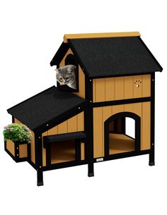 PawHut Wooden Cat House with Flower Pot, Windows, Multiple Entrances, Water-Resistant Roof for Outdoor - Yellow