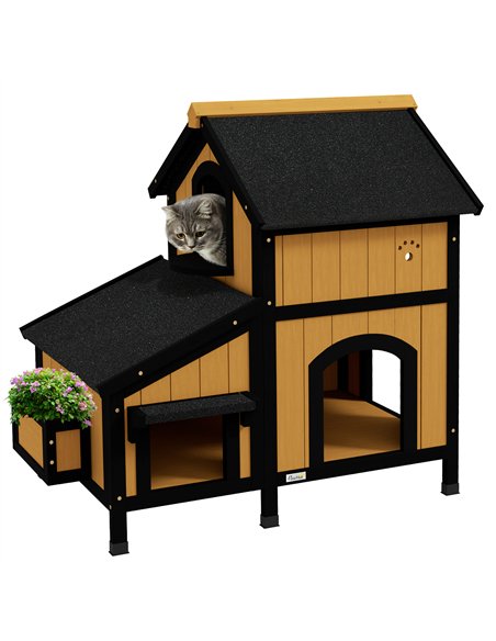 PawHut Wooden Cat House with Flower Pot, Windows, Multiple Entrances, Water-Resistant Roof for Outdoor - Yellow - pic 157758 | FastDaddyshop