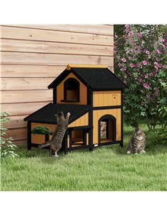 PawHut Wooden Cat House with Flower Pot, Windows, Multiple Entrances, Water-Resistant Roof for Outdoor - Yellow 2