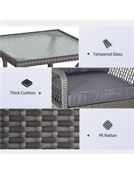 Outsunny 2 Seater Patio PE Rattan Bistro Set, Outdoor Wicker Coffee Table Armrest Chairs Conversation Furniture w/ Cushion, Grey - pic 15776 | FastDaddyshop