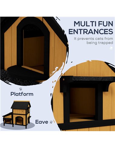 PawHut Wooden Cat House with Flower Pot, Windows, Multiple Entrances, Water-Resistant Roof for Outdoor - Yellow