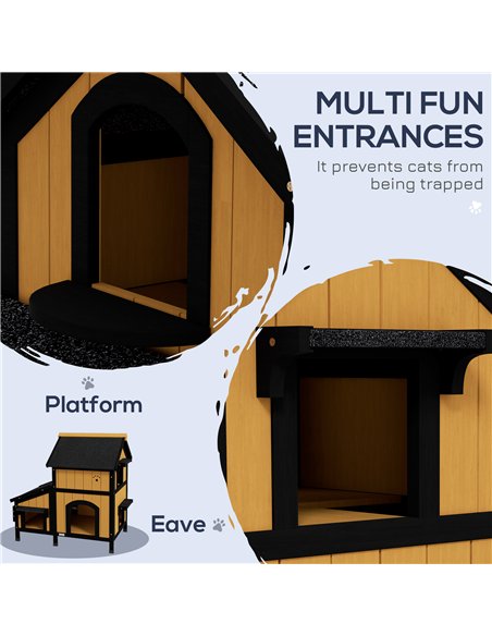 PawHut Wooden Cat House with Flower Pot, Windows, Multiple Entrances, Water-Resistant Roof for Outdoor - Yellow - pic 157761 | FastDaddyshop