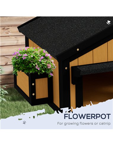 PawHut Wooden Cat House with Flower Pot, Windows, Multiple Entrances, Water-Resistant Roof for Outdoor - Yellow
