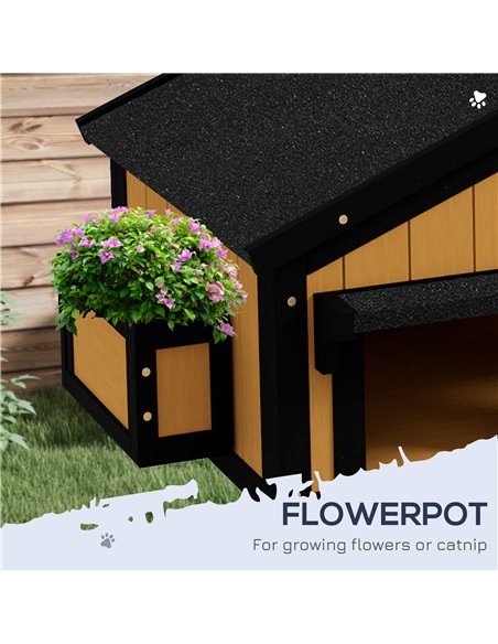 PawHut Wooden Cat House with Flower Pot, Windows, Multiple Entrances, Water-Resistant Roof for Outdoor - Yellow - pic 157762 | FastDaddyshop
