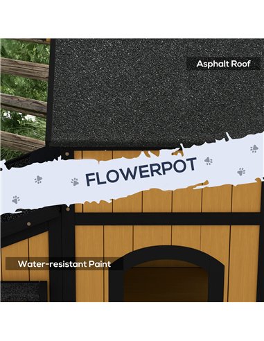 PawHut Wooden Cat House with Flower Pot, Windows, Multiple Entrances, Water-Resistant Roof for Outdoor - Yellow