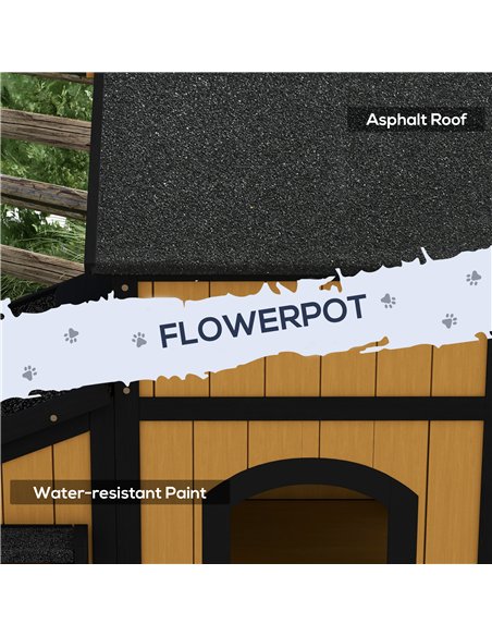 PawHut Wooden Cat House with Flower Pot, Windows, Multiple Entrances, Water-Resistant Roof for Outdoor - Yellow - pic 157763 | FastDaddyshop