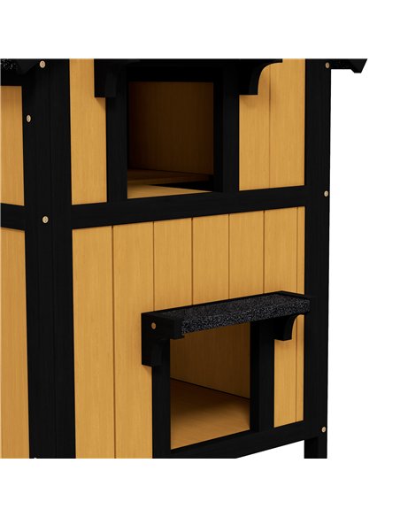 PawHut Wooden Cat House with Flower Pot, Windows, Multiple Entrances, Water-Resistant Roof for Outdoor - Yellow - pic 157765 | FastDaddyshop