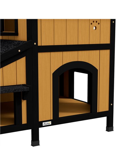 PawHut Wooden Cat House with Flower Pot, Windows, Multiple Entrances, Water-Resistant Roof for Outdoor - Yellow - pic 157766 | FastDaddyshop