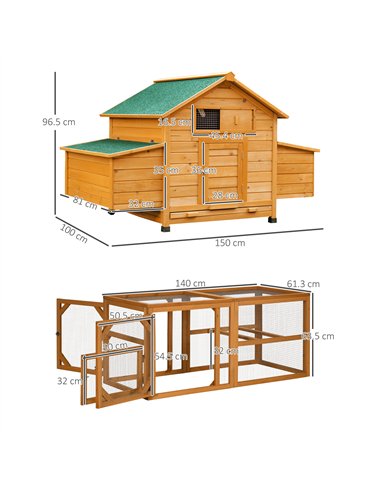 PawHut 2 Piece Wooden Chicken Coop and Run Set, Poultry Run Cage with Nesting Box, Slide-Out Tray, for 4-8 Chickens, Yellow