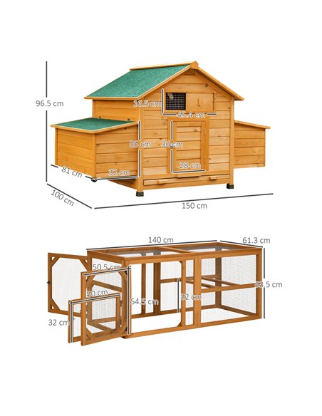PawHut 2 Piece Wooden Chicken Coop and Run Set, Poultry Run Cage with Nesting Box, Slide-Out Tray, for 4-8 Chickens, Yellow - pic 157769 | FastDaddyshop