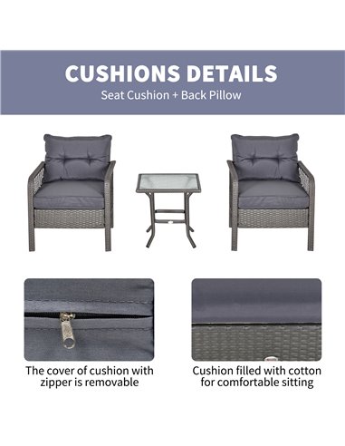 Outsunny 2 Seater Patio PE Rattan Bistro Set, Outdoor Wicker Coffee Table Armrest Chairs Conversation Furniture w/ Cushion, Grey