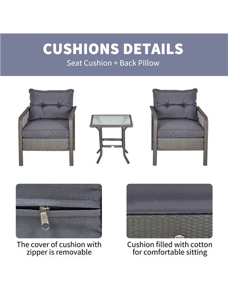 Outsunny 2 Seater Patio PE Rattan Bistro Set, Outdoor Wicker Coffee Table Armrest Chairs Conversation Furniture w/ Cushion, Grey - pic 15777 | FastDaddyshop
