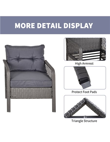 Outsunny 2 Seater Patio PE Rattan Bistro Set, Outdoor Wicker Coffee Table Armrest Chairs Conversation Furniture w/ Cushion, Grey - pic 15778 | FastDaddyshop