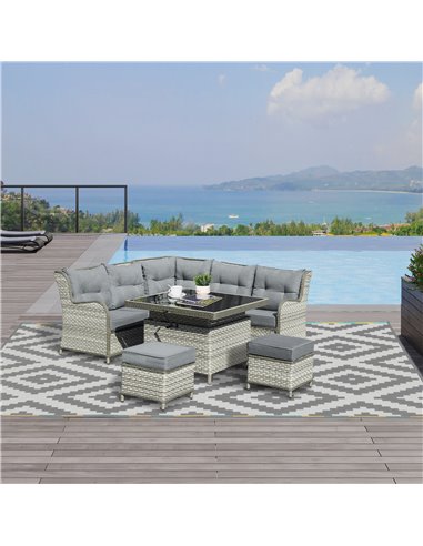Outsunny 7-Seater PE Rattan Dining Sofa Set with Adjustable Convertible Rising Table, Grey