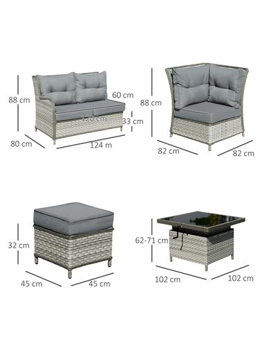 Outsunny 5-Seater Patio PE Rattan Garden Sofa Set, Wicker Sectional Conversation Aluminum Frame Furniture w/ Cushion, Grey
